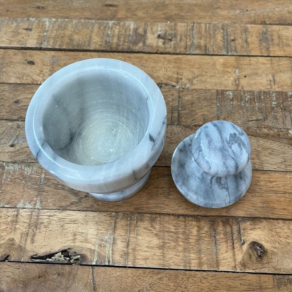 Polished Marble Mortar and Pestle Set Gray and White Heavy - Picture 4 of 12
